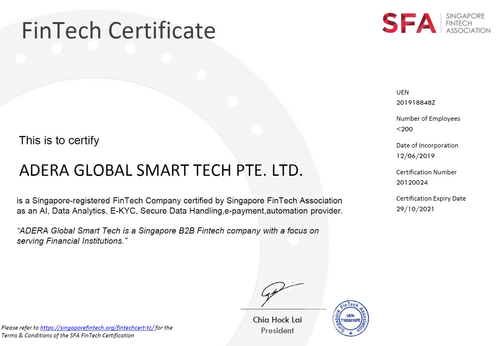 ADERA Global Smart Tech is now a certified, Singapore Fintech Company